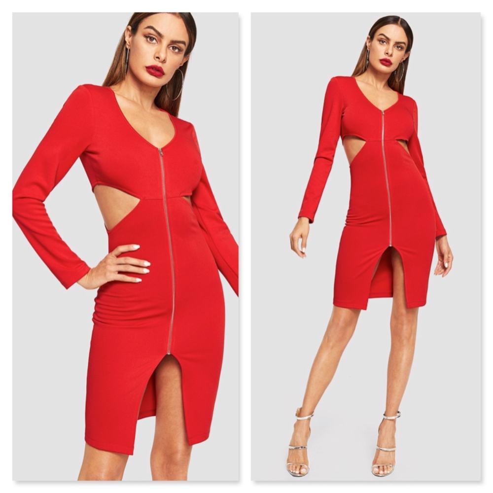 Zip Front Cut Out Slit Bodycon Red Dress Slim